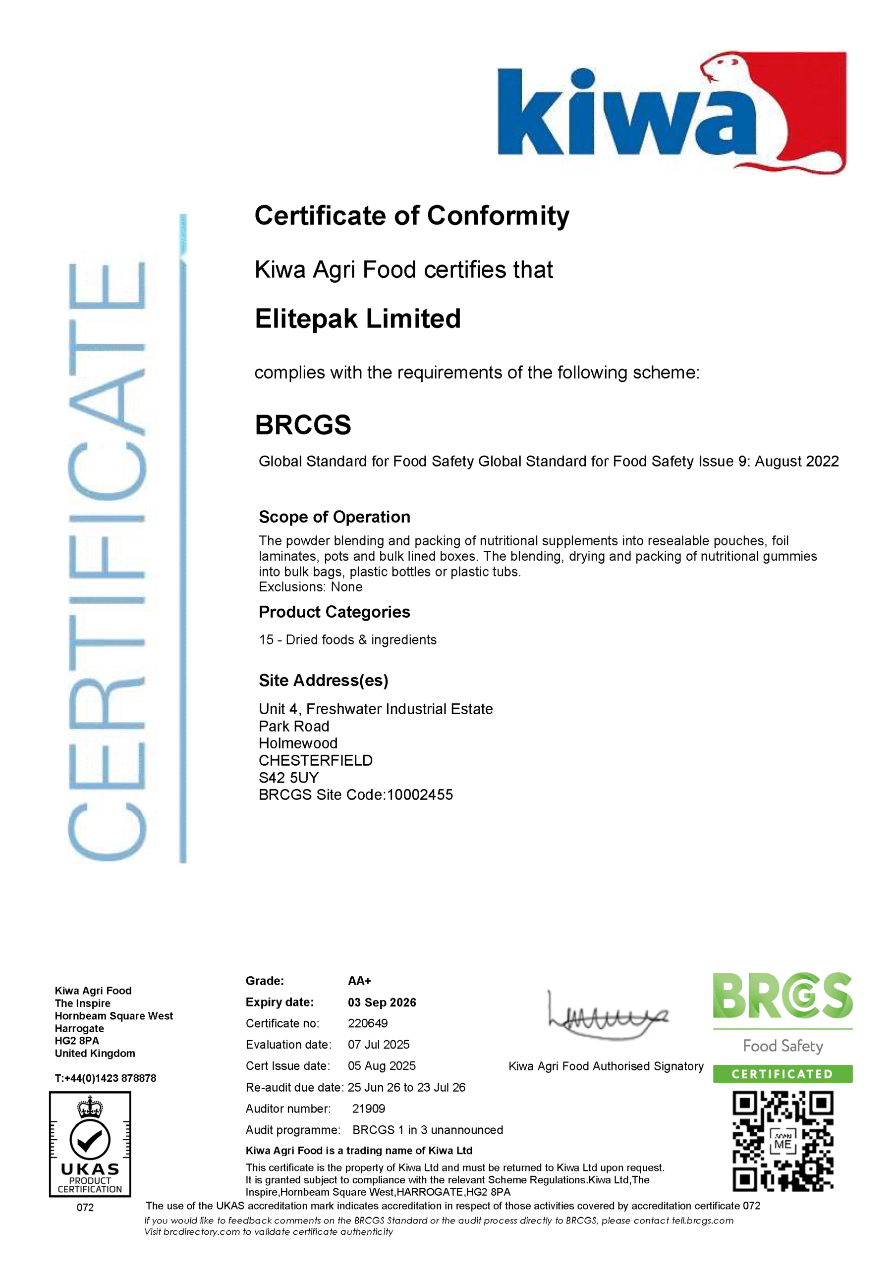 BRCGS Food -Certificate Elitepak Limited 2025
